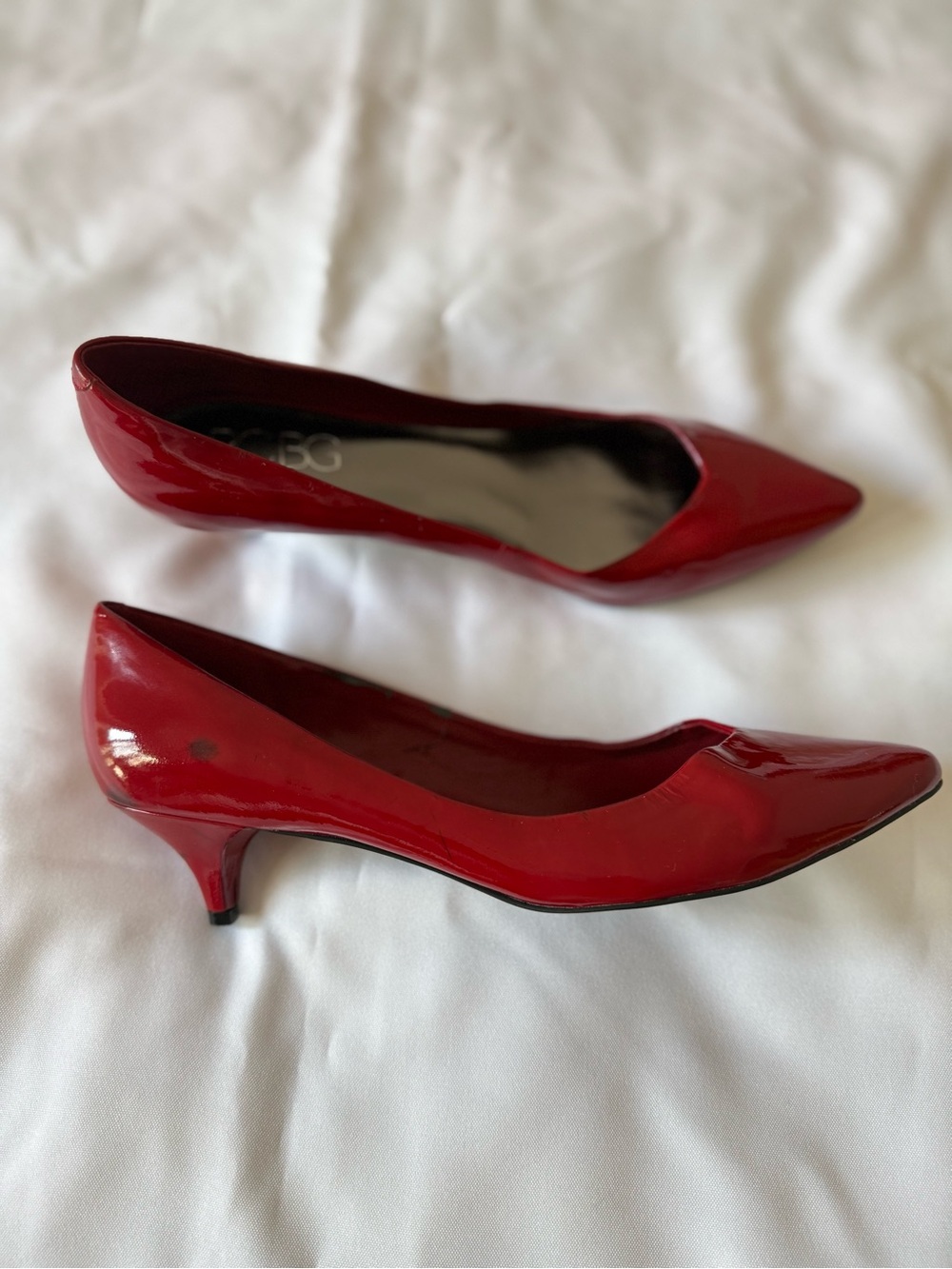 BCBG Red Patent Pointed-Toe Kitten Heel Pumps